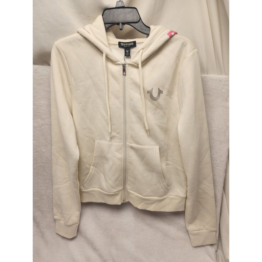 True Religion Ivory Zip Up Hoodie Buddha Guitar Rhinestone Horseshoe Women L